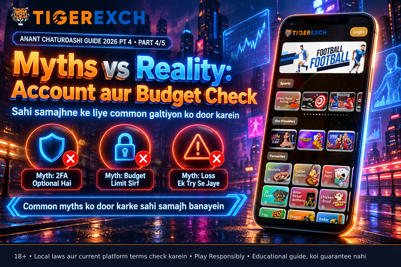 A smartphone screen shows myth vs reality: myths that 2FA is optional, budget limits are suggestions, and loss recovery via 'one more try' are marked with red X; realities are marked with green check.