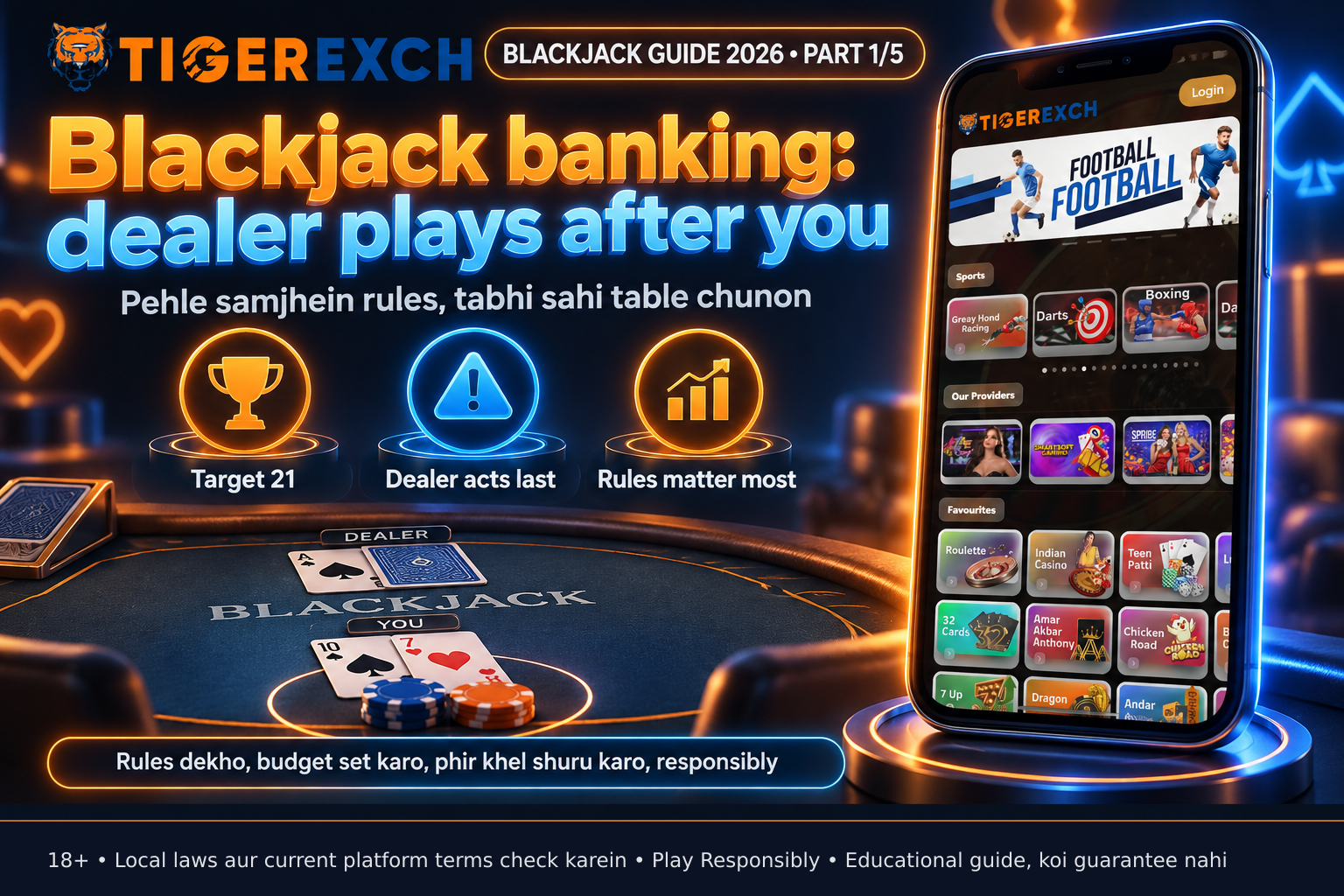 Mobile display of blackjack game on tigerexchdemo.com, showing cards, bet chips, and dealer upcard