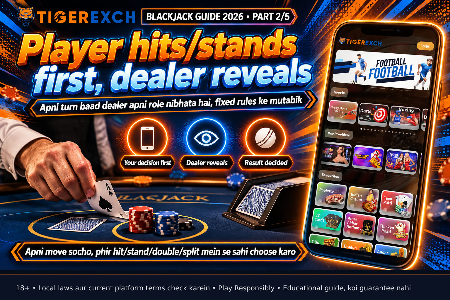 Blackjack table showing dealer revealing hole card, player cards face up, bet chips in betting circle