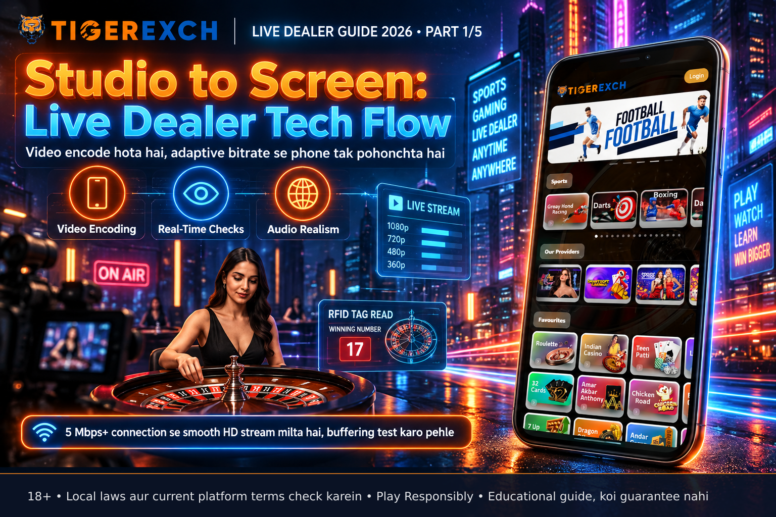 Mobile phone showing live roulette game stream: dealer spinning wheel, betting area with chips, and a digital overlay displaying the winning number via RFID tracking