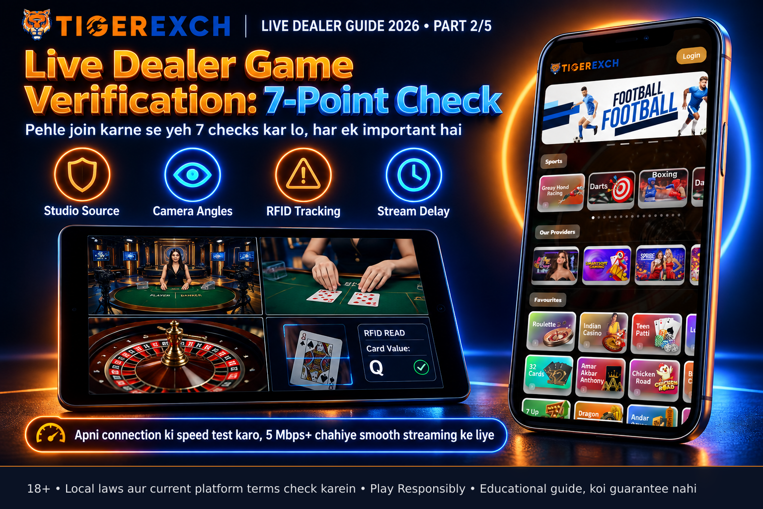 Tablet screen divided into four quadrants displaying live dealer game views: wide table angle, dealer’s hands close-up, roulette wheel in motion, and RFID data overlay showing card value