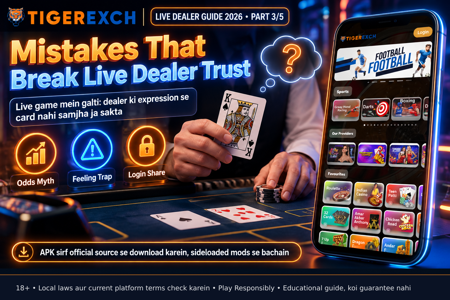 Close-up of dealer’s hands on blackjack table: one hand holding a King card, other near chip stack, thought bubble with question mark implying uncertainty about next card