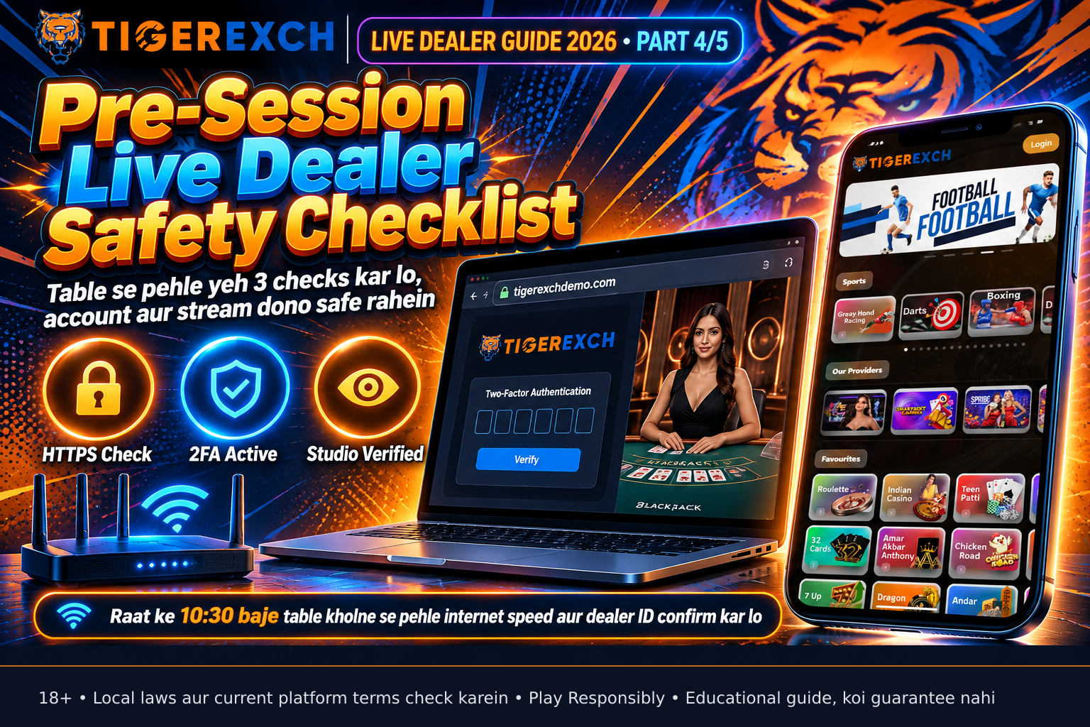 Laptop showing tigerexchdemo.com login with 2FA prompt, smartphone displaying live blackjack stream nearby, and router with strong signal bars indicating stable connection for streaming