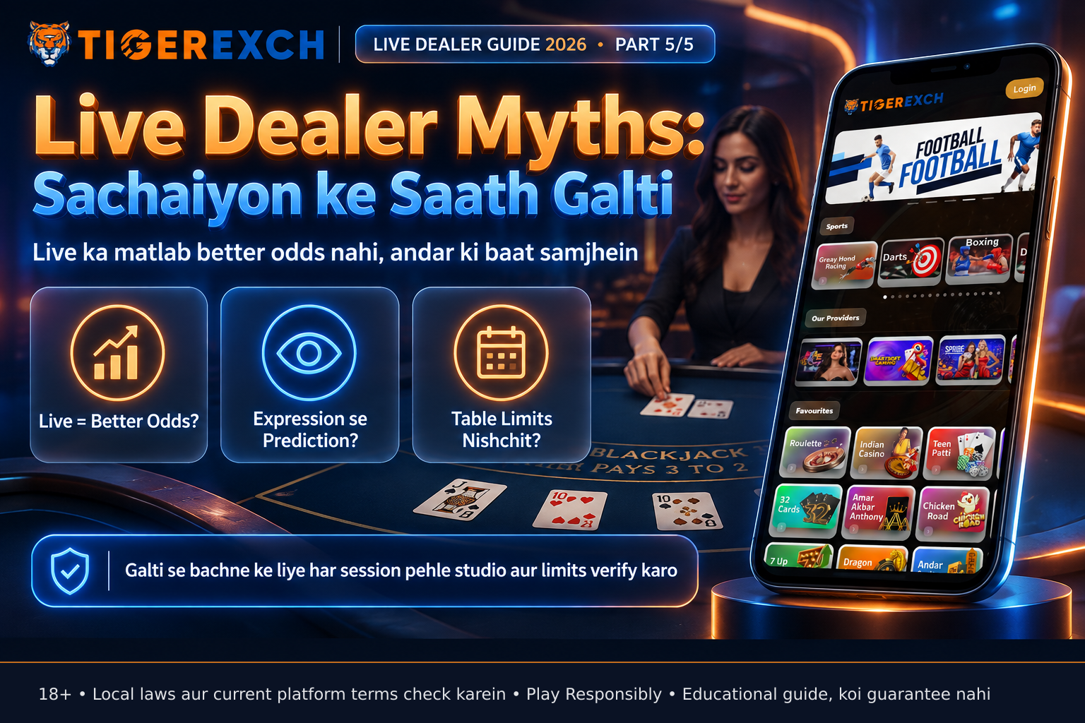 Smartphone displaying live dealer blackjack game interface with dealer's hands dealing cards, studio background visible