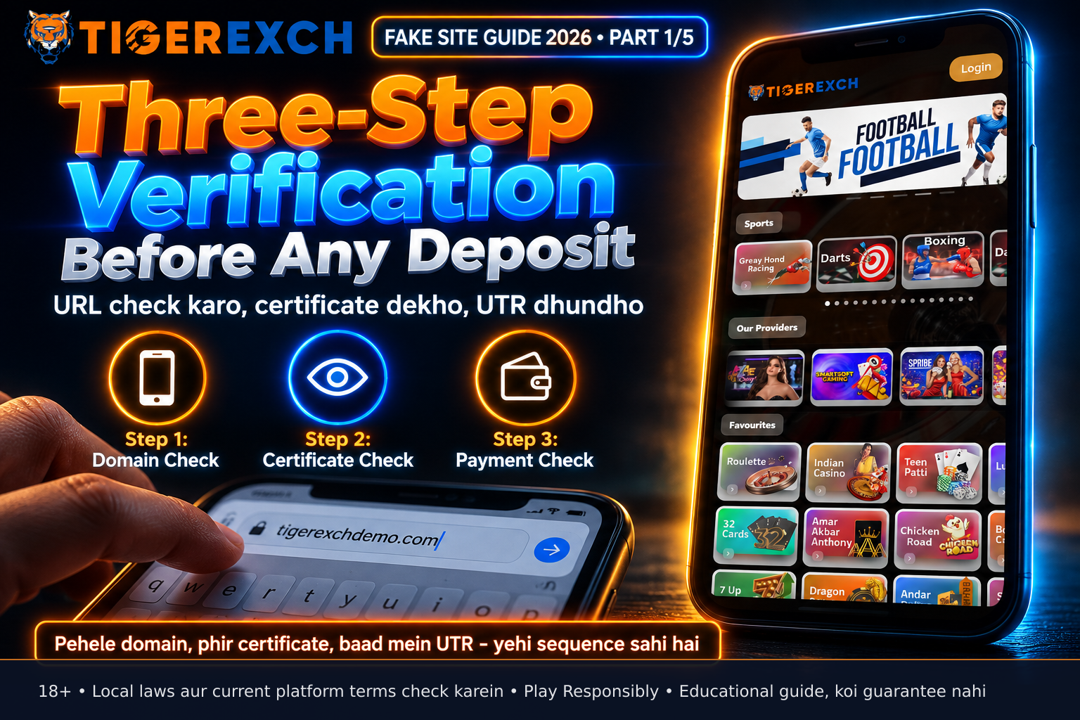 Hand typing the correct domain tigerexchdemo.com into a mobile browser address bar