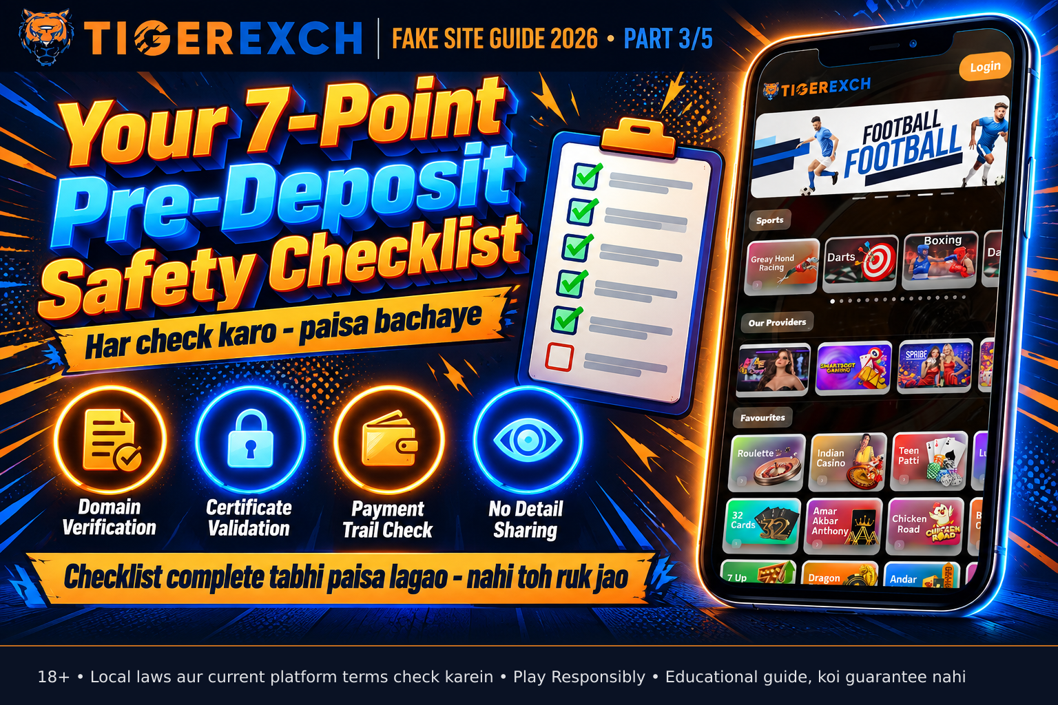 Mobile device displaying a safety checklist with six items checked and one item 'Never share UPI PIN' remaining unchecked