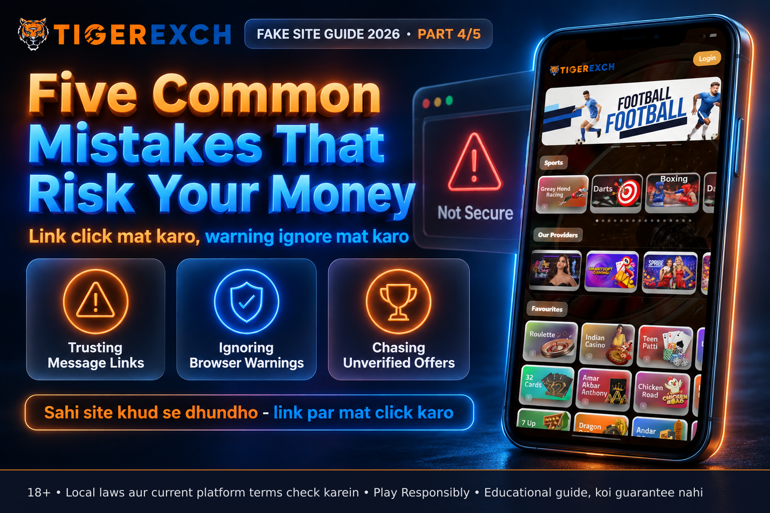 Smartphone screen showing a browser security warning 'Not Secure' with red triangle over a fake betting site