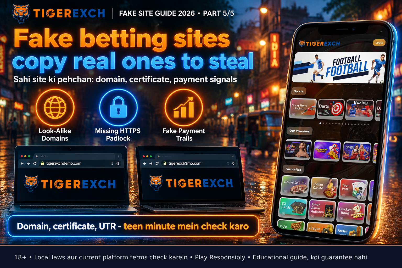 Split screen comparing real domain tigerexchdemo.com and fake clone tigerexch3mo.com in browser address bars