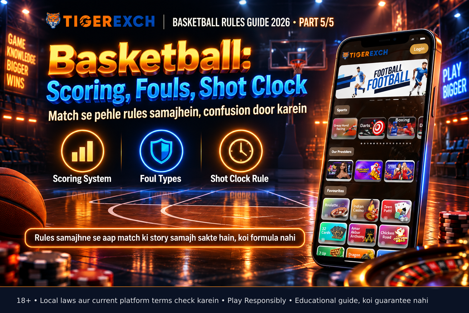 Empty basketball court showing key zones: three-point arc, free-throw line, and painted lane, illuminated evenly to highlight court markings for educational reference