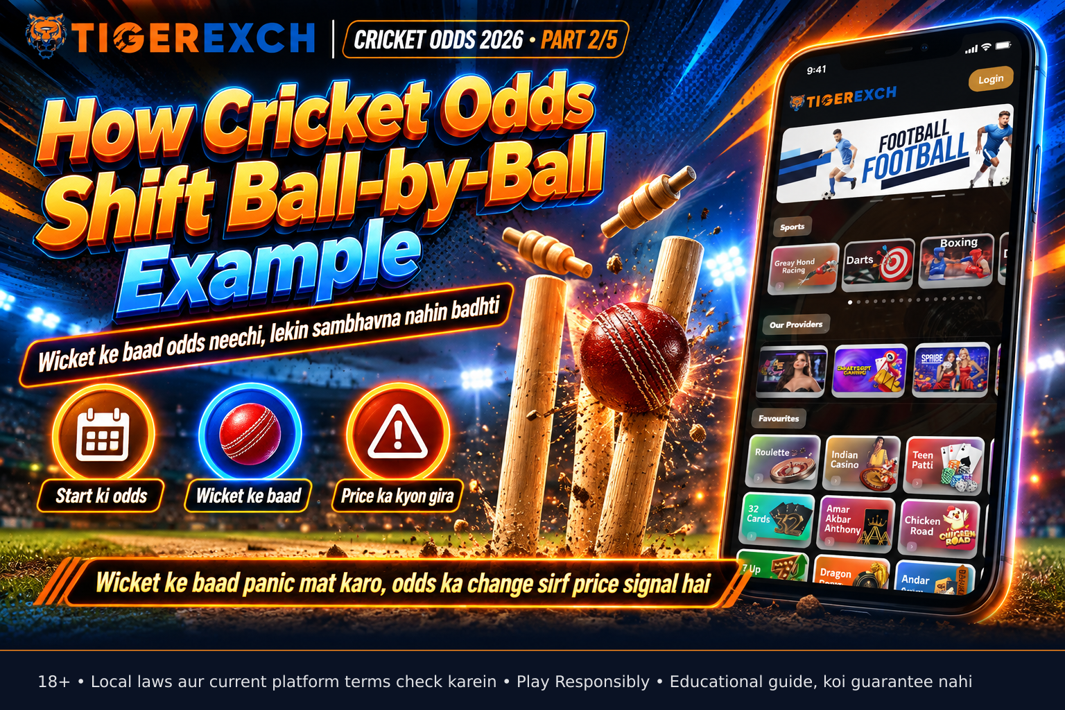 Close-up of a cricket ball striking the stumps with bails flying off, capturing the exact moment a wicket falls on the pitch