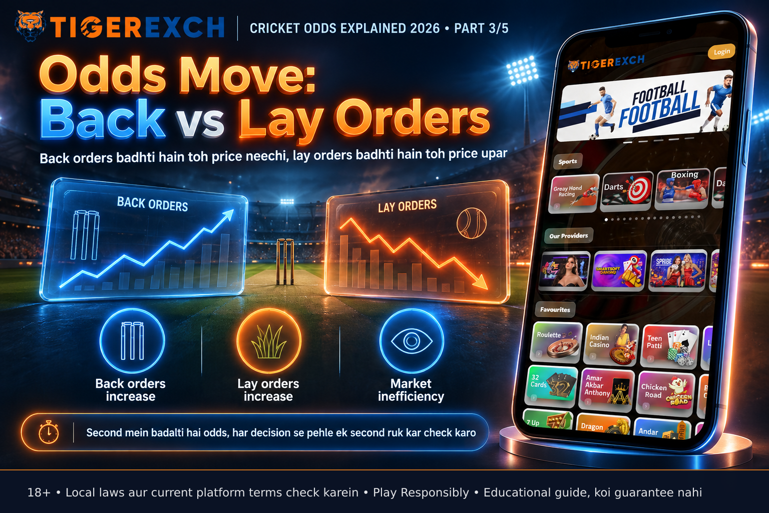 Split-screen infographic showing backing orders increasing odds (rising line) and laying orders decreasing odds (falling line) overlaid on a cricket pitch background