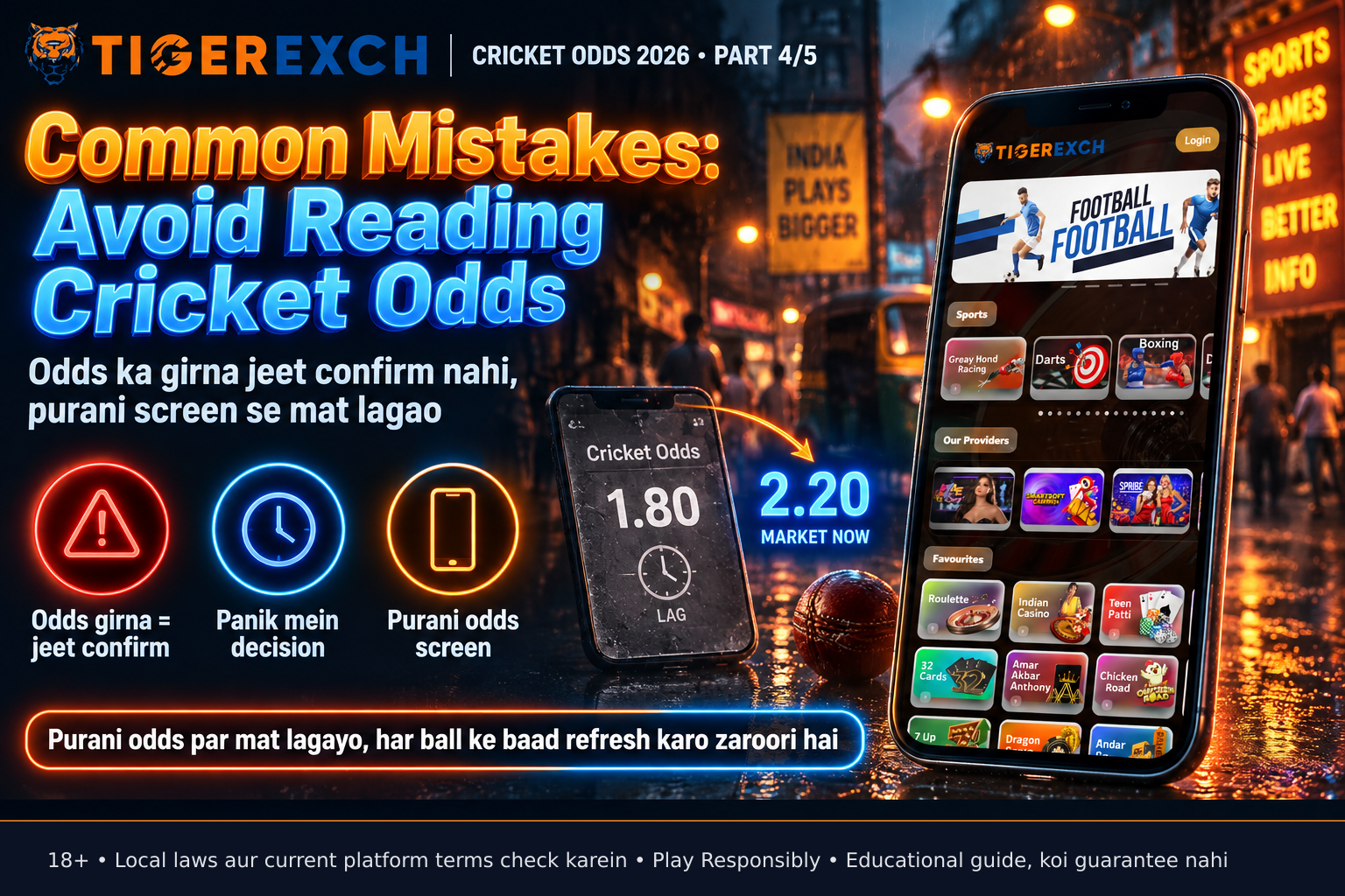 Smartphone screen showing outdated cricket odds 1.80 with a delay warning symbol, while the actual live market has moved to 2.20, illustrating the danger of using stale data