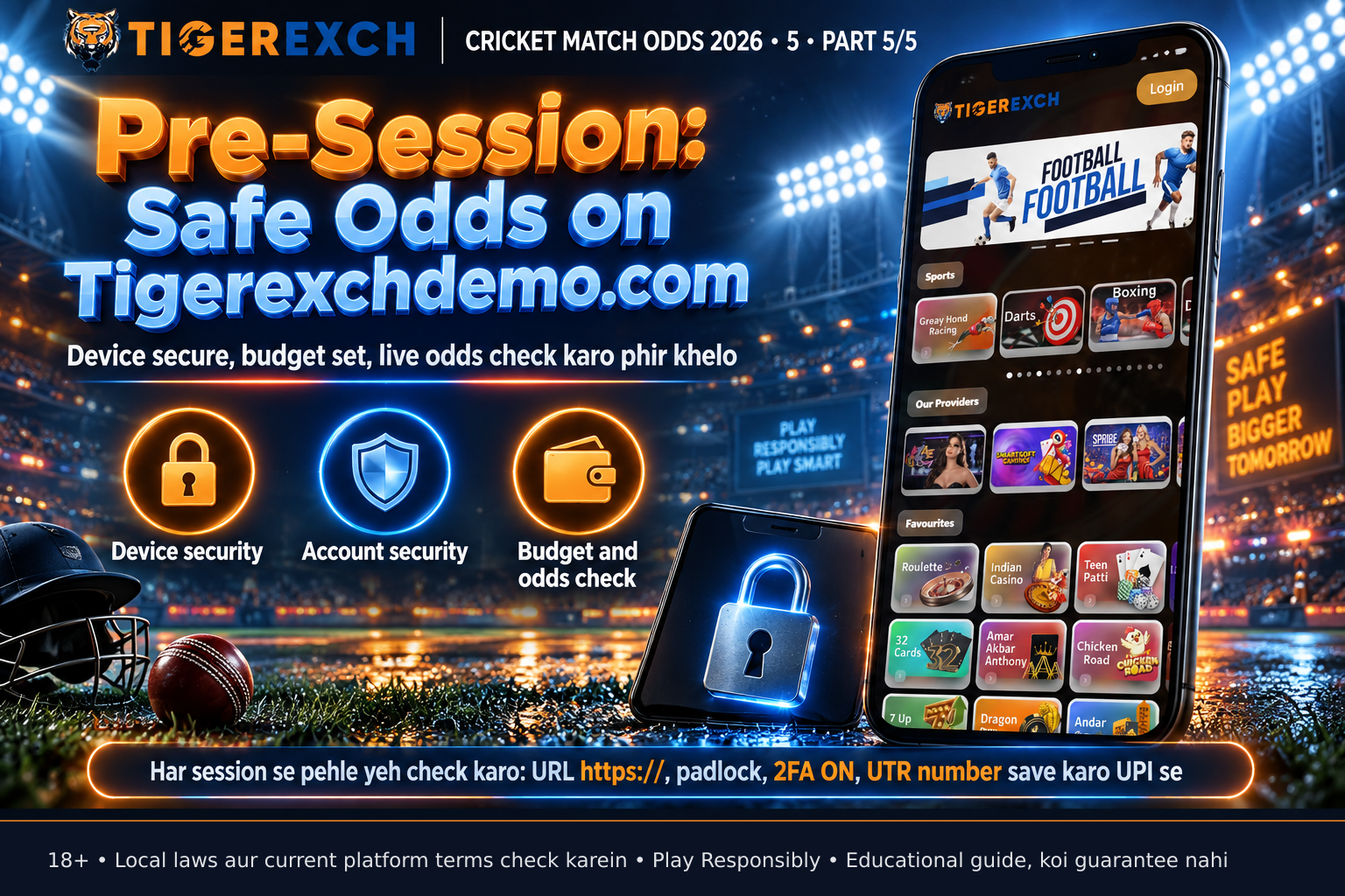 Pre-session setup showing a locked smartphone with padlock security icon, a wallet displaying budget limit notes, and the tigerexchdemo.com login screen with active 2FA authentication prompt