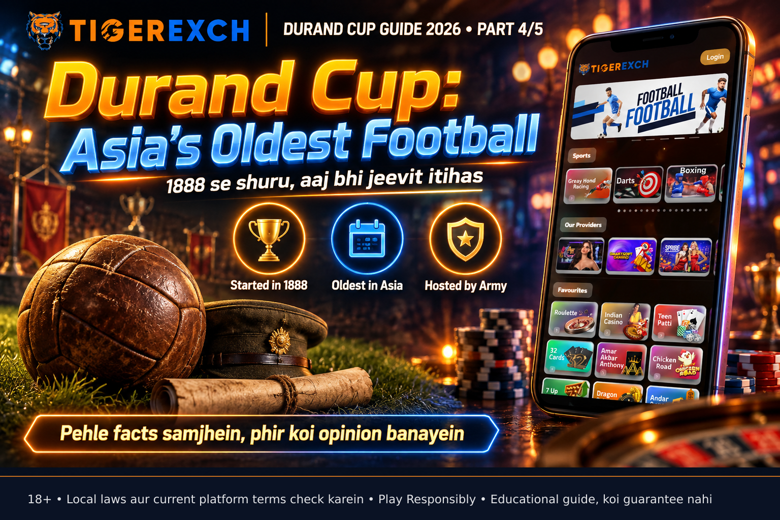 Vintage football, military cap and scroll on grass symbolising Durand Cup origins