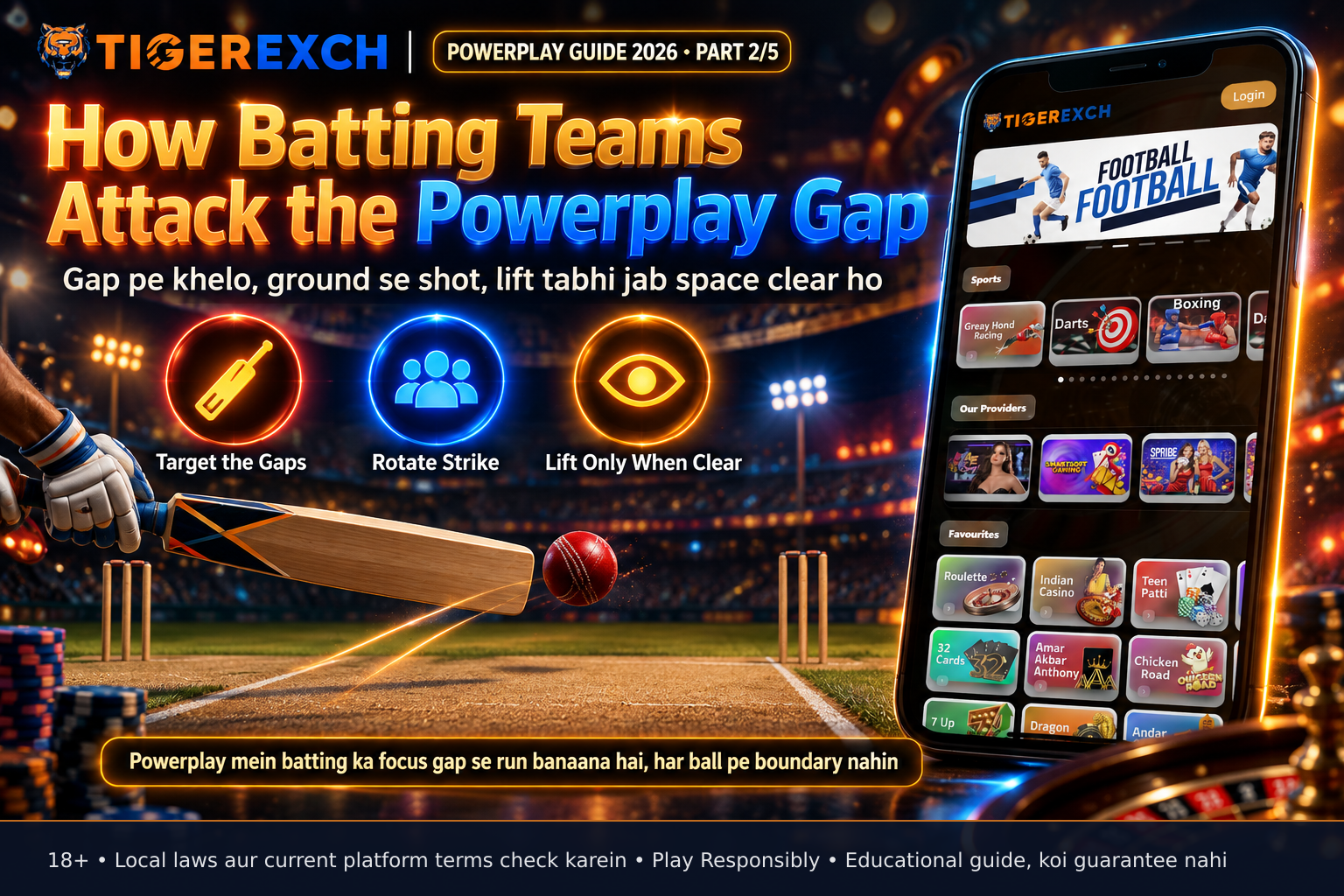 Cricket bat over brown pitch strip with white crease; red ball before bat, suggesting cover drive, white lines show ball path to off‑side gap between fielders