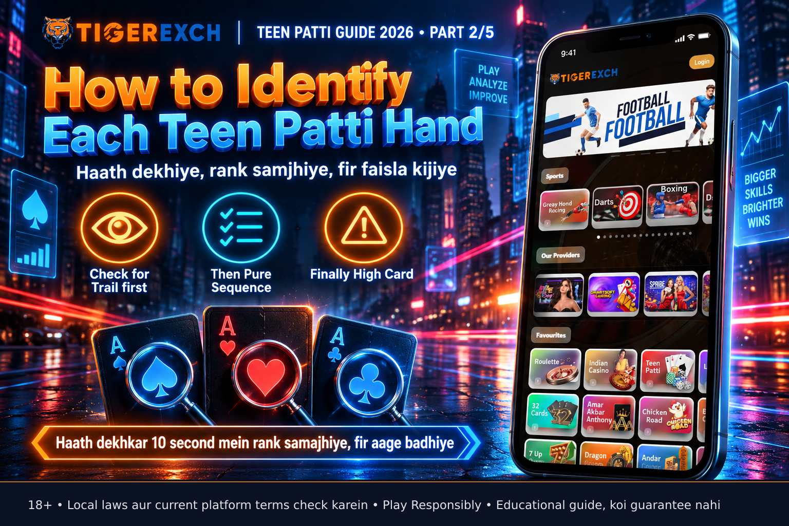 step-by-step visual guide showing how to identify Trail, Pure Sequence and High Card hands in Teen Patti