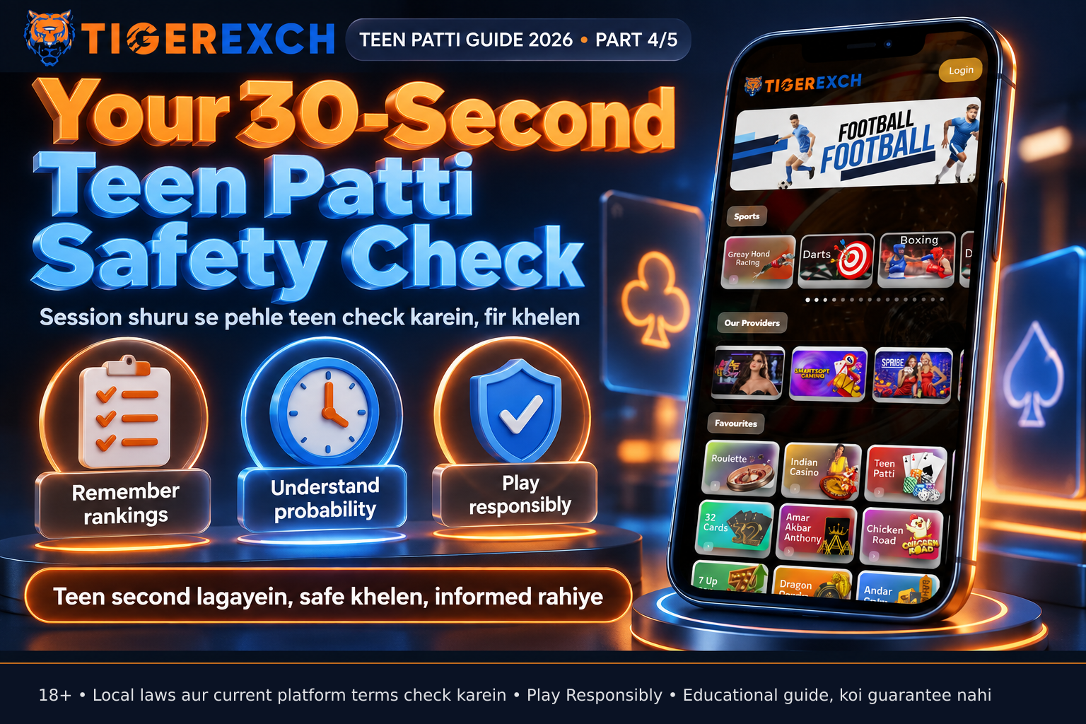 safety checklist infographic showing rankings recall, probability context and responsible play for Teen Patti