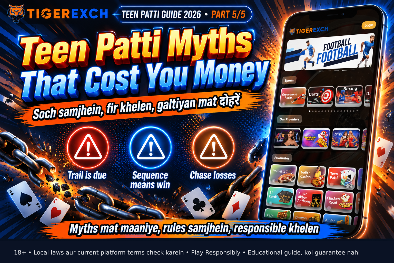 illustration debunking common Teen Patti myths like Trail being due and Sequence always winning