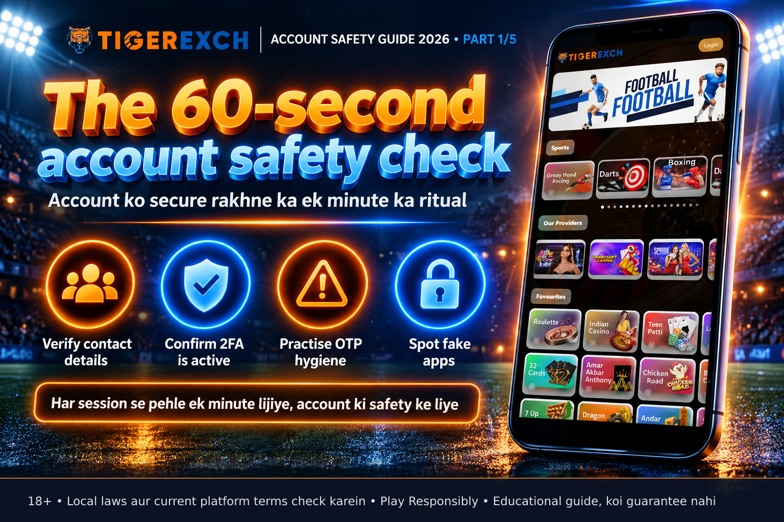 Smartphone displaying Tigerexch247 account settings screen showing a verified email address and phone number under profile section