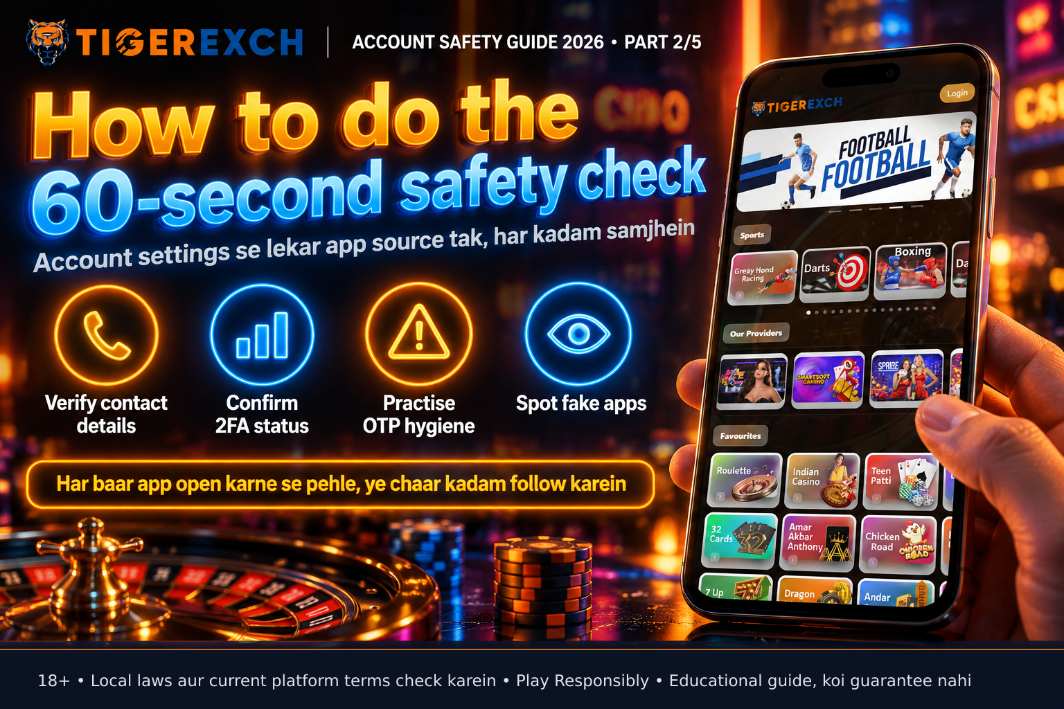 Smartphone displaying Tigerexch247 Security Settings screen highlighting the 2FA section with a linked authenticator app showing a rotating time-based code