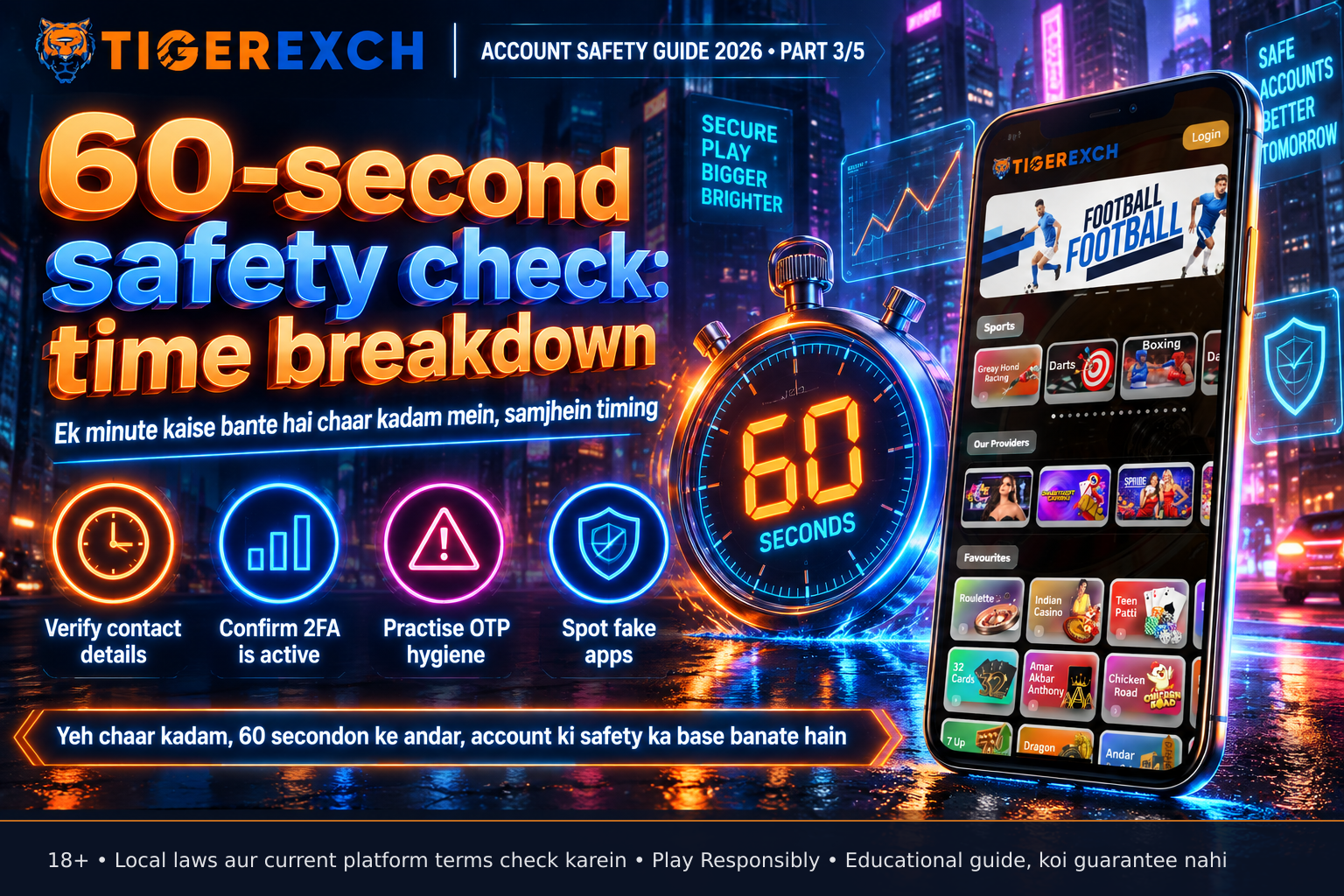 A stopwatch at 60 seconds beside a smartphone screen split into four quadrants: Account Settings, Security Settings with 2FA, OTP notification, and app store page showing verified download source