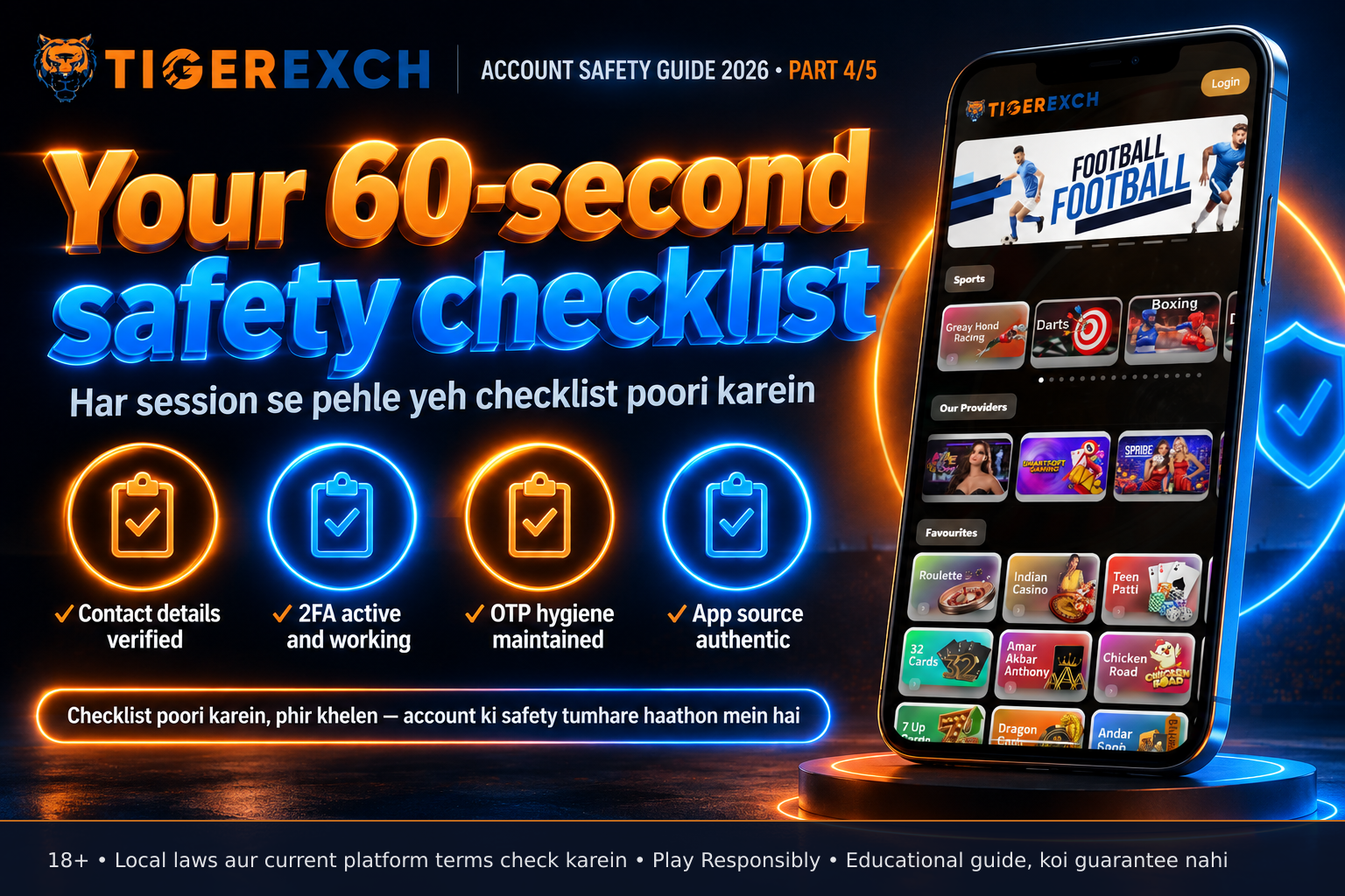 Smartphone displaying a verification checklist interface with four checked boxes: contact details verified, 2FA active, OTP hygiene maintained, and app source authentic