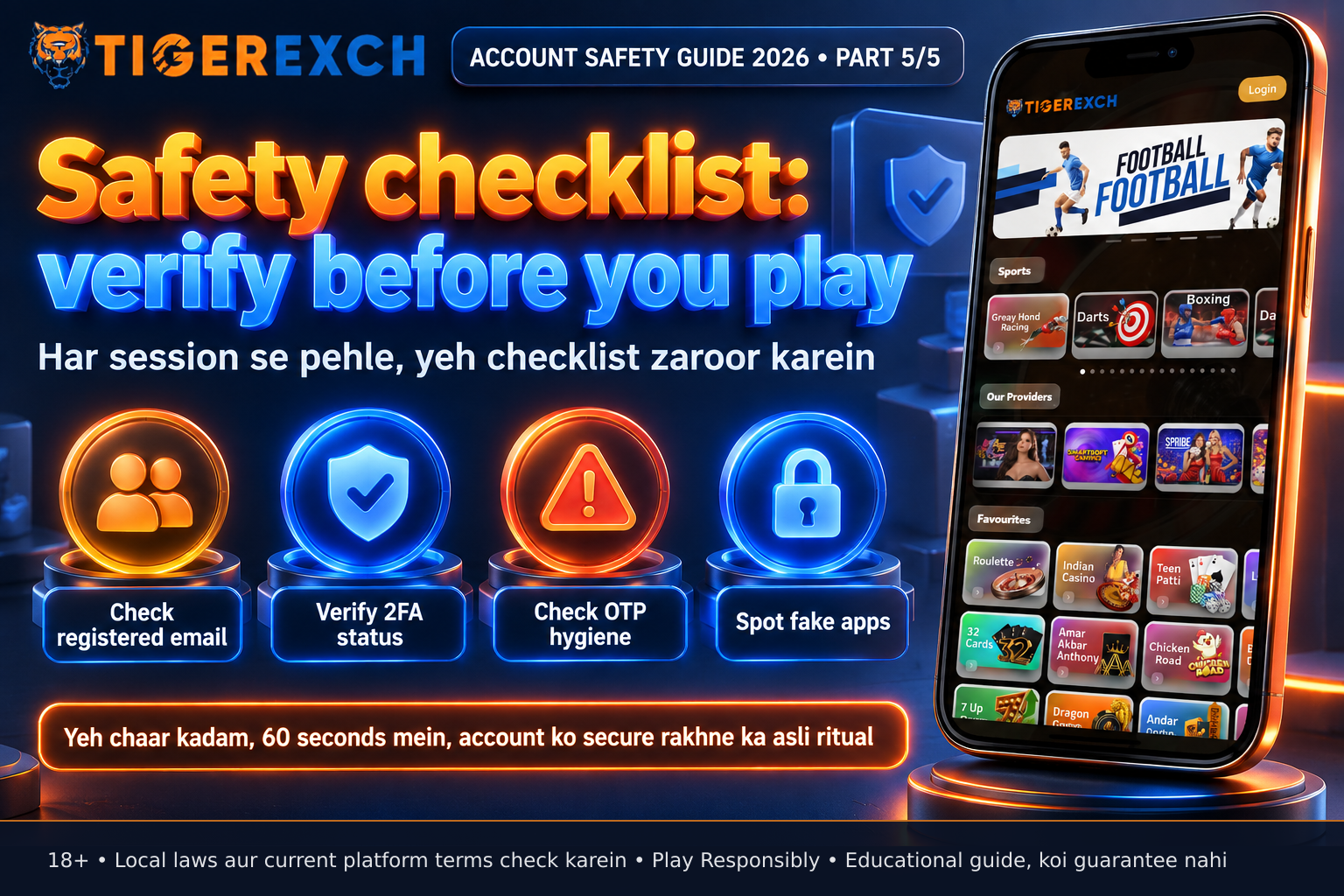 Smartphone showing Tigerexch247 app settings with verified email and phone number, 2FA enabled indicator, OTP notification preview, and official app store download confirmation screen