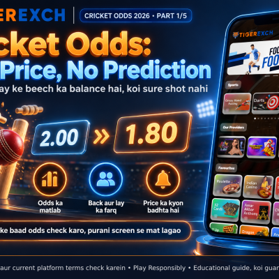 Smartphone display with live cricket odds shifting from 2.00 to 1.80 after a wicket, showing decimal numbers updating in real time on tigerexchdemo.com interface