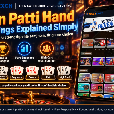 infographic displaying Teen Patti hand rankings from Trail to High Card with corresponding card examples
